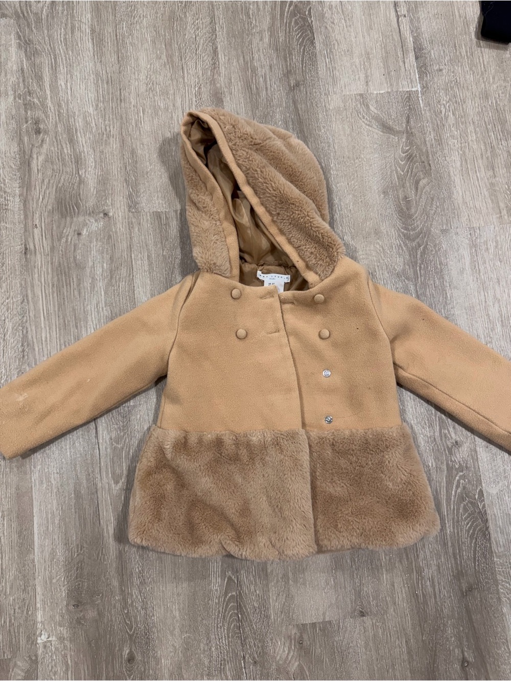 Max Studio Girls' Camel Pea Coat with Faux Fur Trim